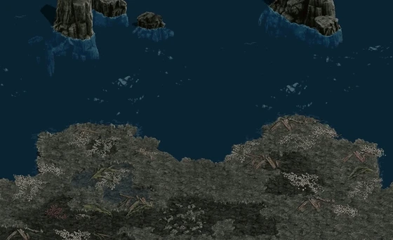 大海をかき回すヌケロン。水しぶきを上げて海から首を伸ばし、青黒いうろこと水色に光るとげの頭で大きく口を開ける