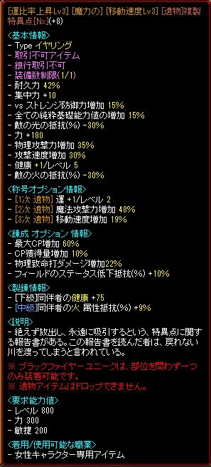 [遺物]複製・特異点[Nx](+8)。称号オプションは運比率、魔力の（魔法攻撃力増加 48%）、移動速度 Lv3。錬成オプションに最大 CP 60%、CP 獲得量 10%、物理致命打ダメージ増加 22%、フィールドのステータス低下抵抗 10%
