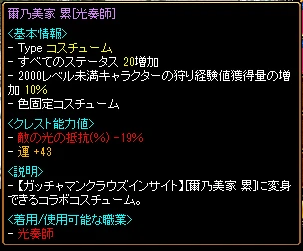 コスチュームの説明。クレスト能力値の欄に、敵の光の抵抗 -19% と運 +43 が出ている