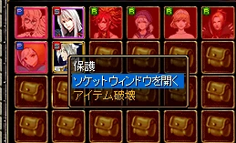 インベントリのコスチュームを右クリックして出るメニュー。保護・ソケットウィンドウを開く・アイテム破壊